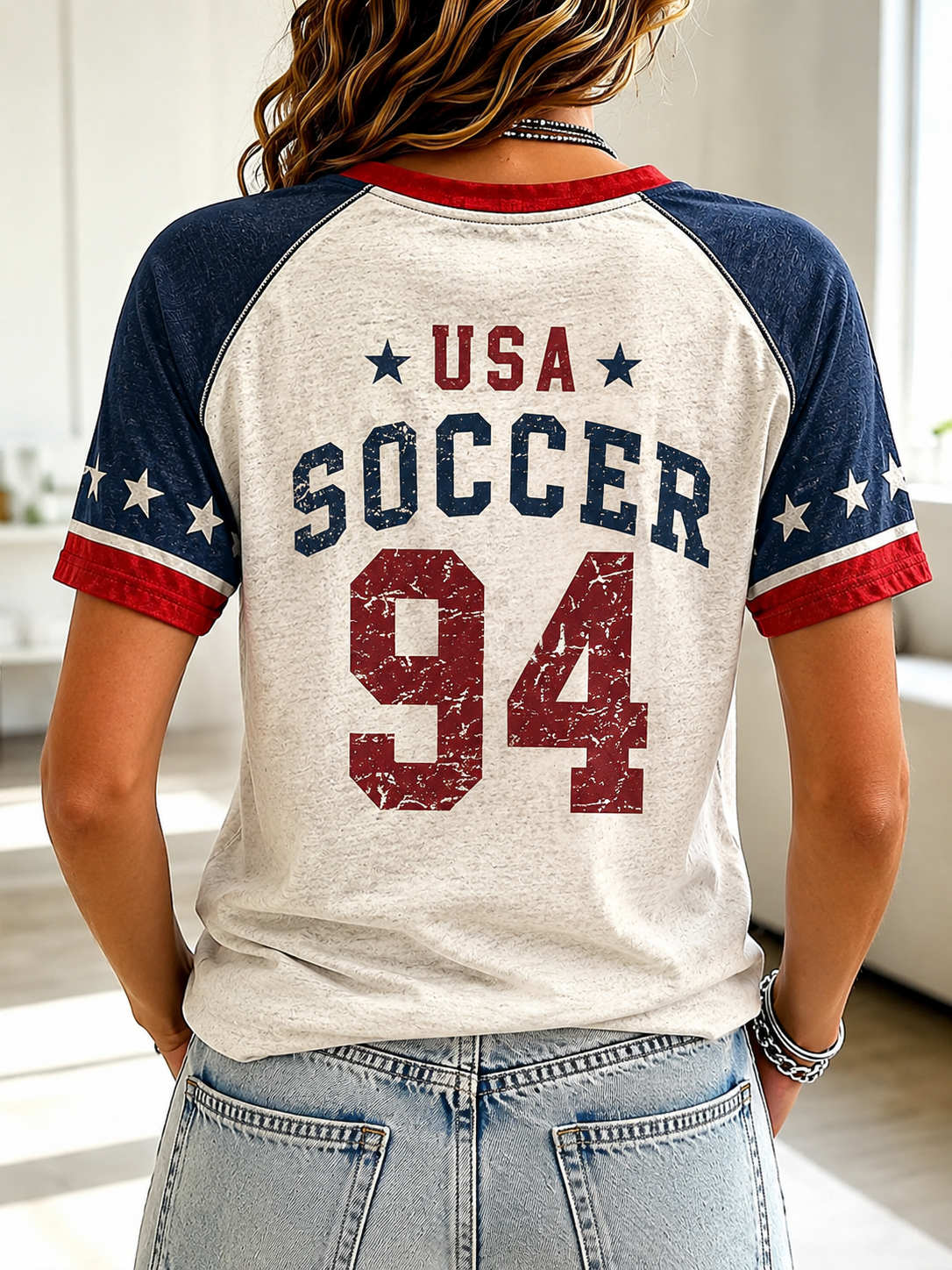Women's USA Football Printed V-Neck T-Shirt