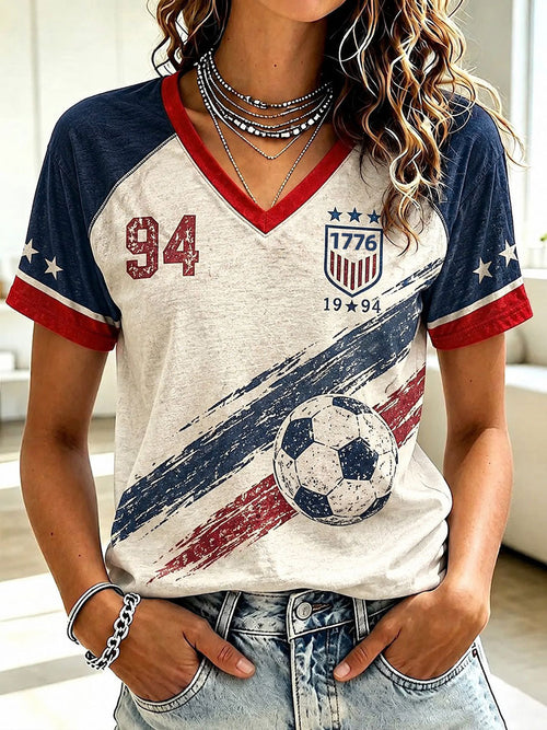 Women's USA Football Printed V-Neck T-Shirt